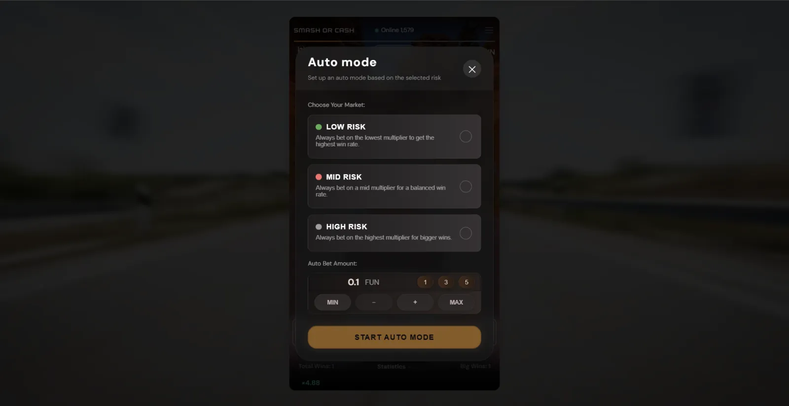 Smash or Cash Auto Mode menu