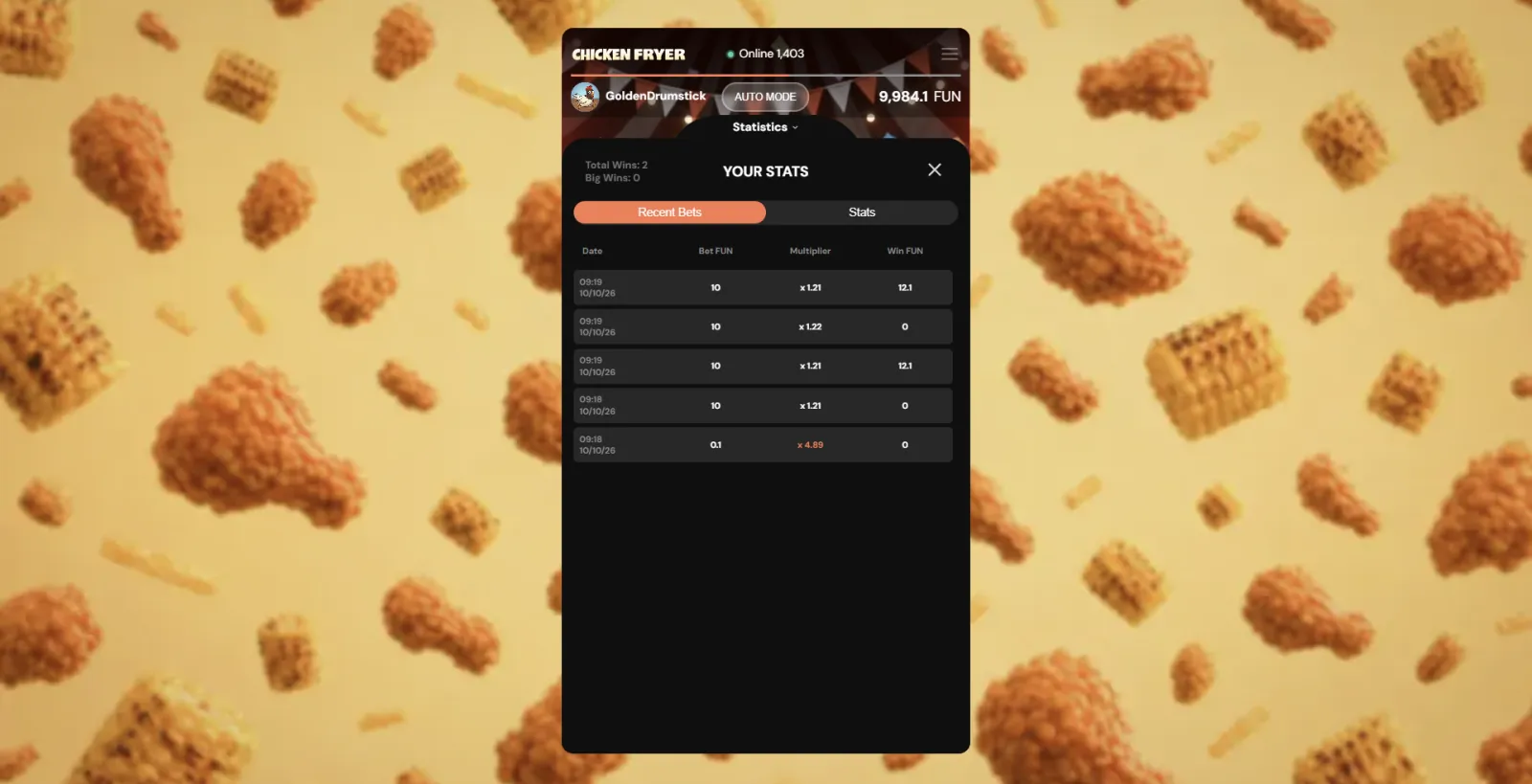 Chicken Fryer stats panel